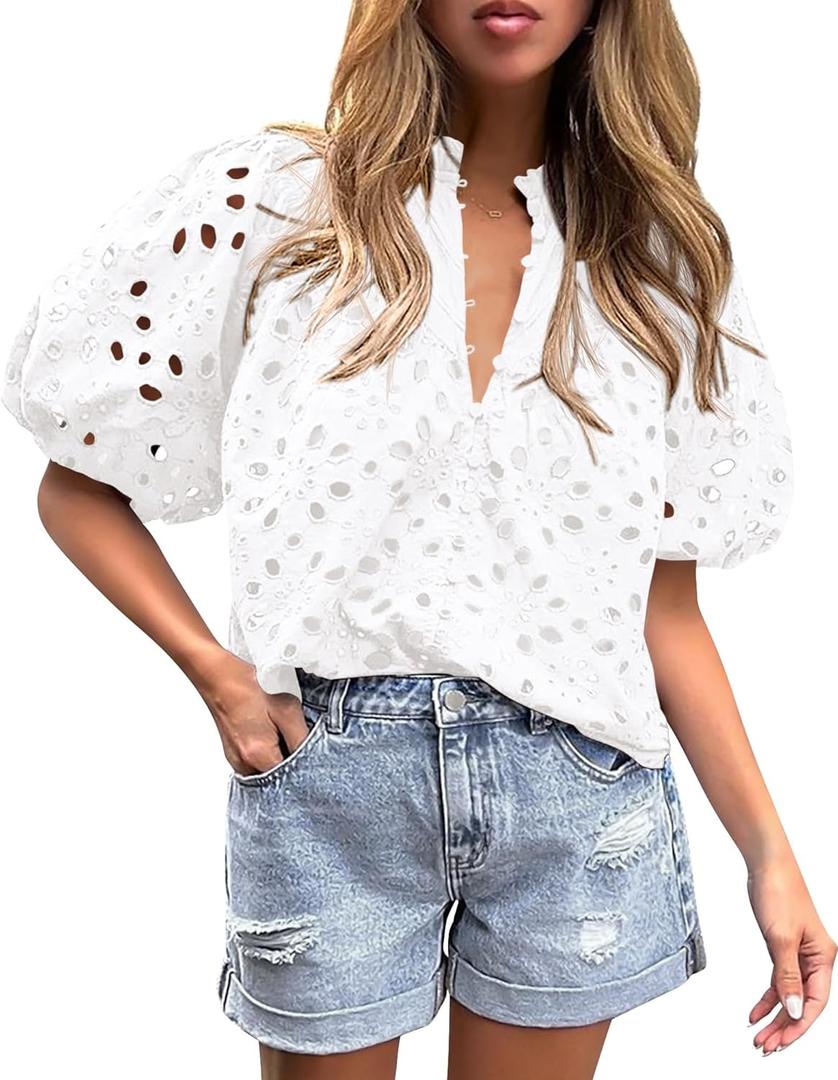 PRETTYGARDEN Women's Summer Tops 2025 Dressy Casual Short Sleeve V Neck Buttons Hollow Out Lace Embroidered Blouses Shirts (White,Small)