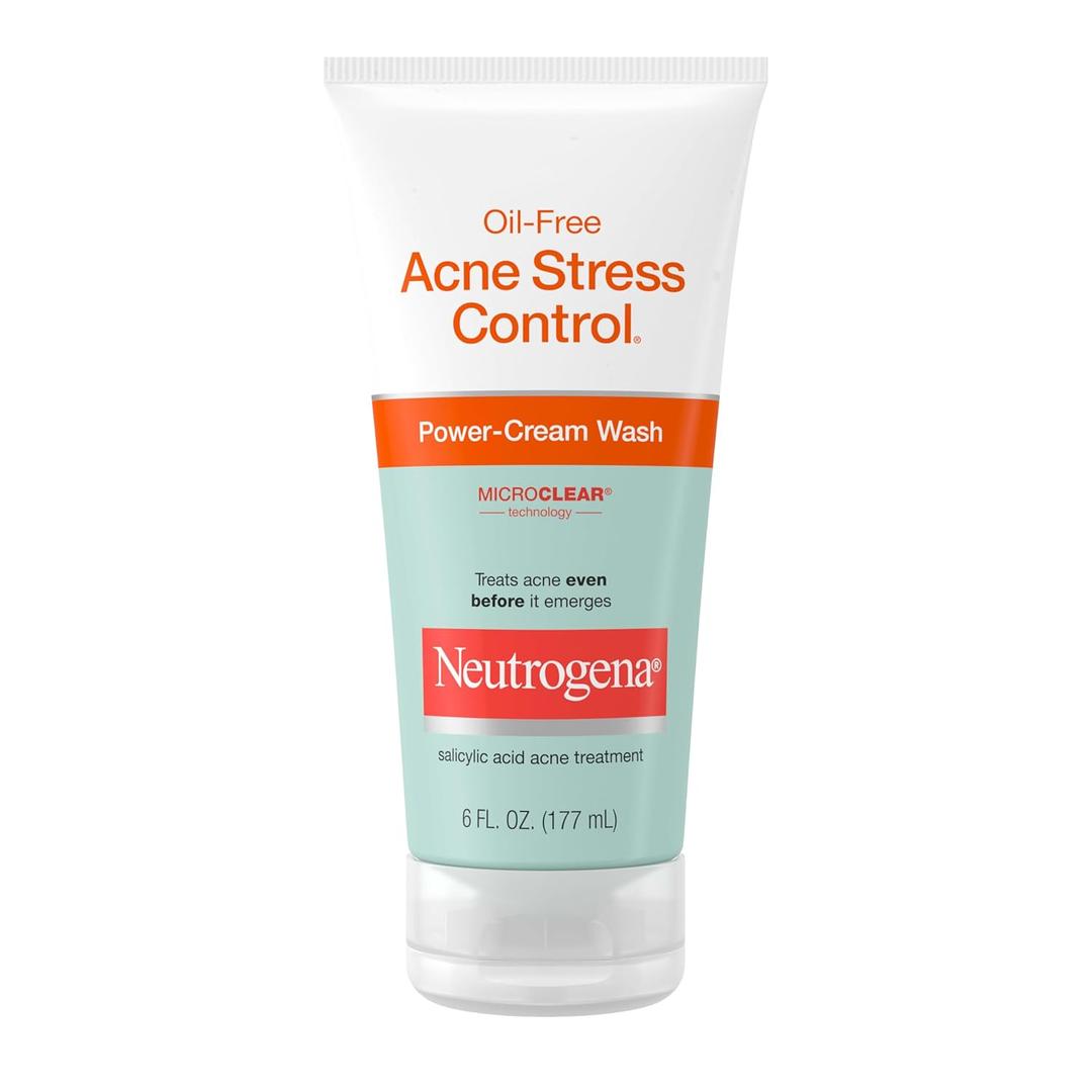 Neutrogena Oil-Free Acne Stress Control Power-Cream Face Wash with 2% Salicylic Acid Acne Treatment Medication, Soothing Daily Acne Facial Cleanser for Acne-Prone Skin Care, 6 fl. oz, 3 Pack