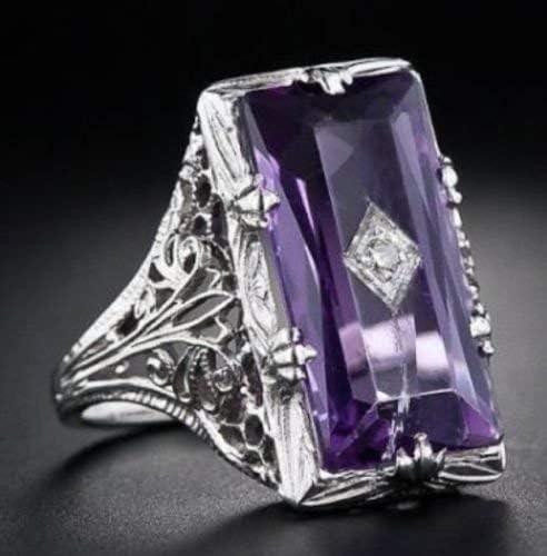 Yuren 925 Silver Large Amethyst Gem Band Ring Wedding Proposed Women Jewelry Size 6-10 (US Code 9)