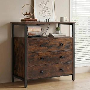 Edbuosy 3 Wooden Drawers Night Stand, 27 Inch Wide Nightstand with Charging Station and Adjustable Drawers, Small Dresser for Closet, Bedside Table for Living Room/Bedroom/Office, Retro Brown.