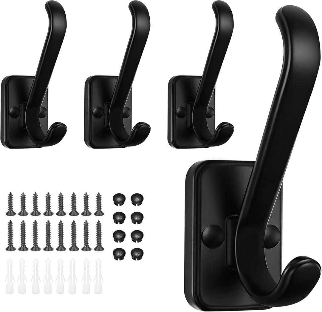 Coat Hooks Heavy Duty - Metal Wall Hooks Wall Mount with Concealed Screw Design Matte Black Hooks for Hanging Towel, Key, Robe, Scarf, Entryway Closet Mudroom Bathroom (4, Black)