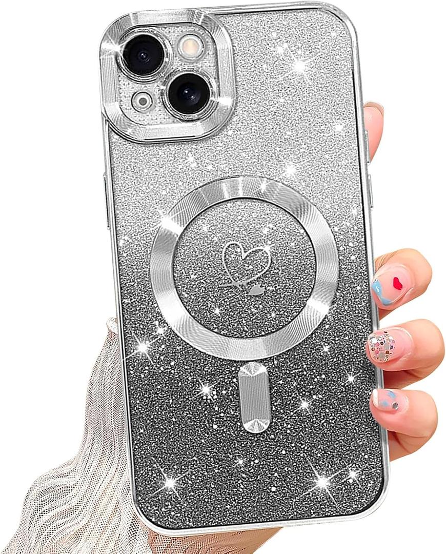 NITITOP Compatible with iPhone 14 Case Cute Clear Glitter [Compatible for MagSafe] Sparkle Bling Magnetic Plating Heart Girl Women Electroplated Frame Camera Protection Back Cover - Silver