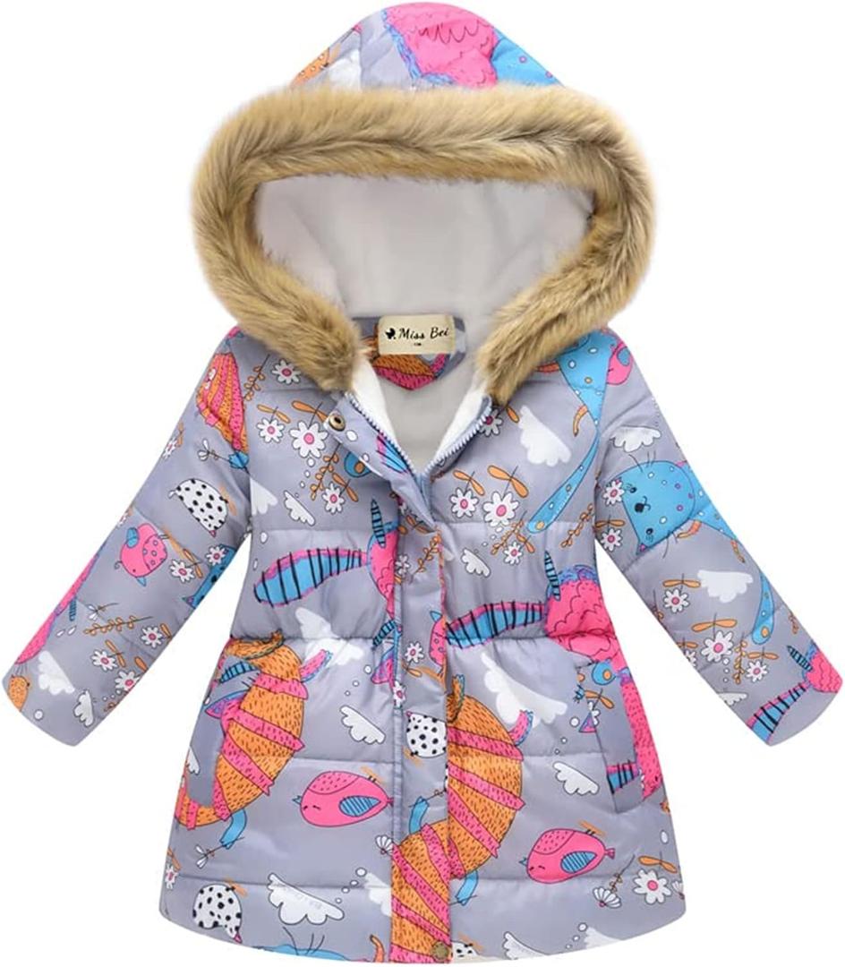 Miss Bei Girl's Winter Coat Jacket Hooded Kids Toddler Flower Print Parka Outwear Warm Cotton Puffer Hooded Jacket (8-9 Years, Gray)