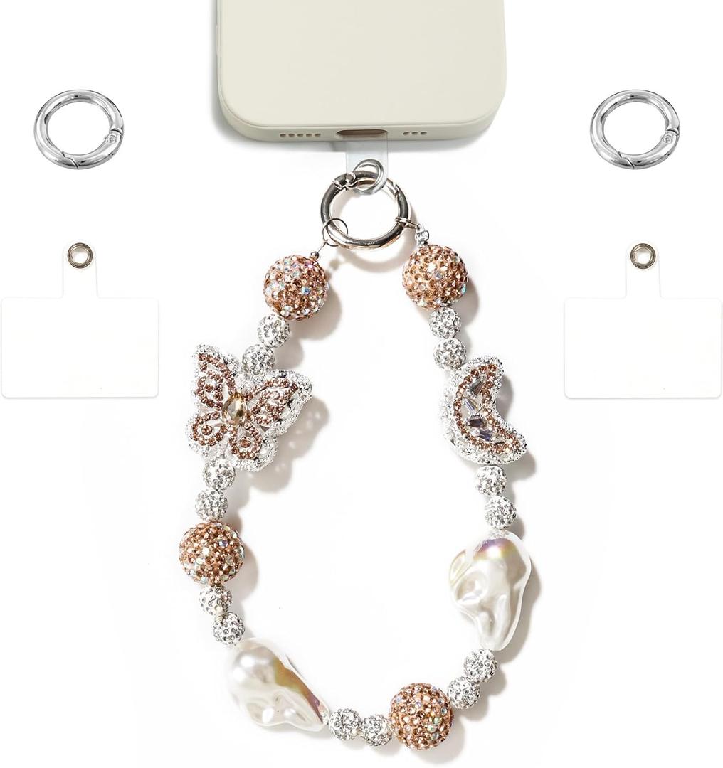 Phone Wrist Strap for Men Handmade Phone Charms Strap with Natural Stones for Handfree Convenience (1 Champagne- Butterfly & Moon)