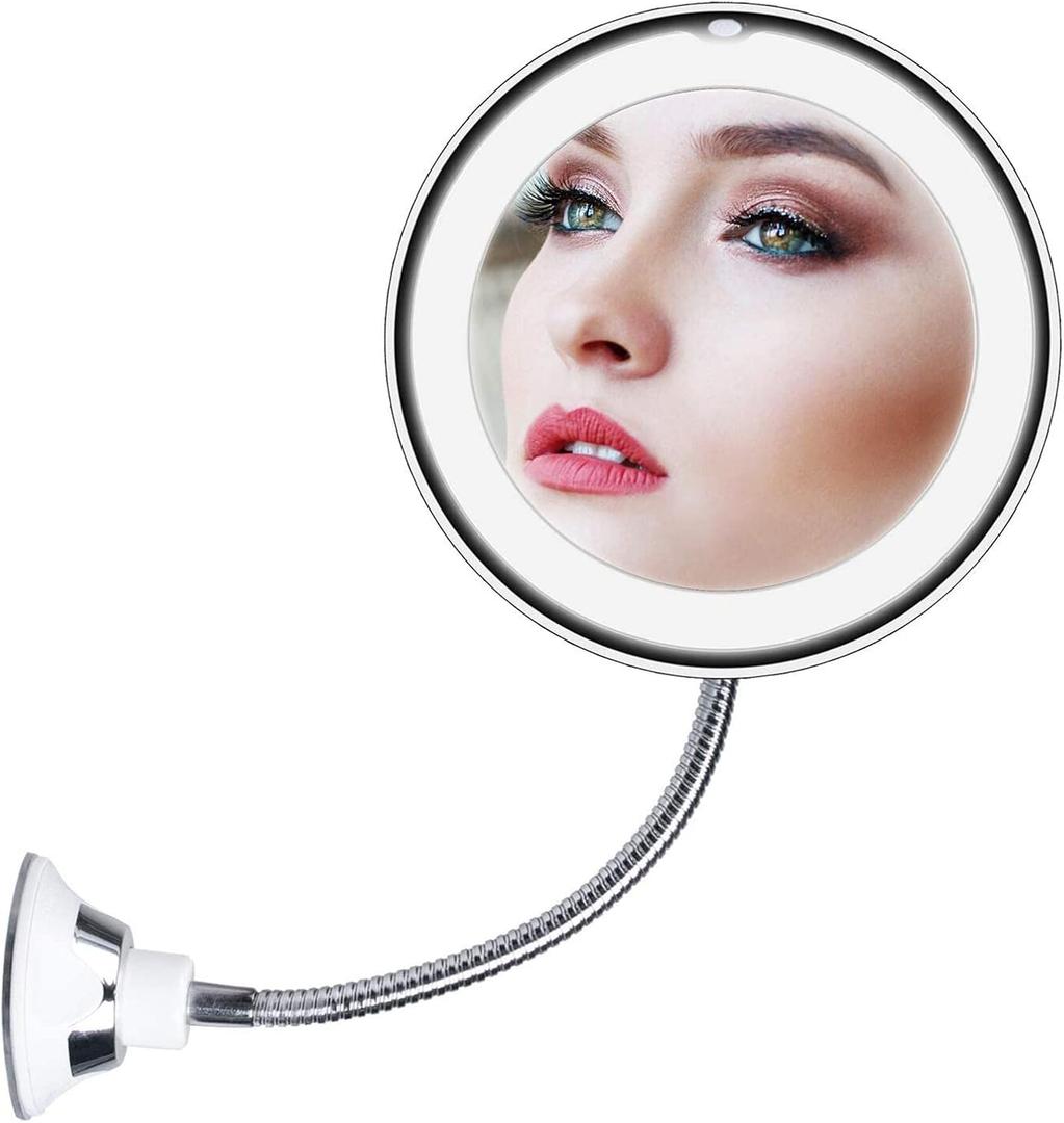 10x Magnifying Mirror with Light, Flexible Gooseneck Make up Mirror with Lights and Magnification, Battery Operated Cordless Magnified Mirror with Suction Cups for Wall Bathroom