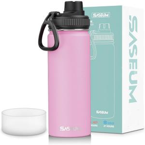 SASEUM Sport Water Bottle 18oz Stainless Steel Double Wall Vacuum Thermal Mug with Leak Proof Spout Lids, Wide Mouth Metal Insulated Water Jug for Gym and TravelPink