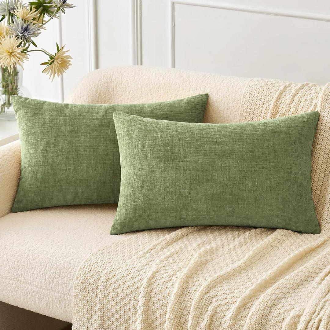 MIULEE Pack of 2 Couch Throw Pillow Covers 12x20 Inch Spring Soft Sage Green Chenille Lumbar Pillow Covers for Sofa Living Room Solid Dyed Cases