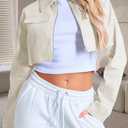 Women's Cropped Jacket Casual Zip Up Long Sleeve Lapel Crop Tops Jackets Coat (Beige, M)