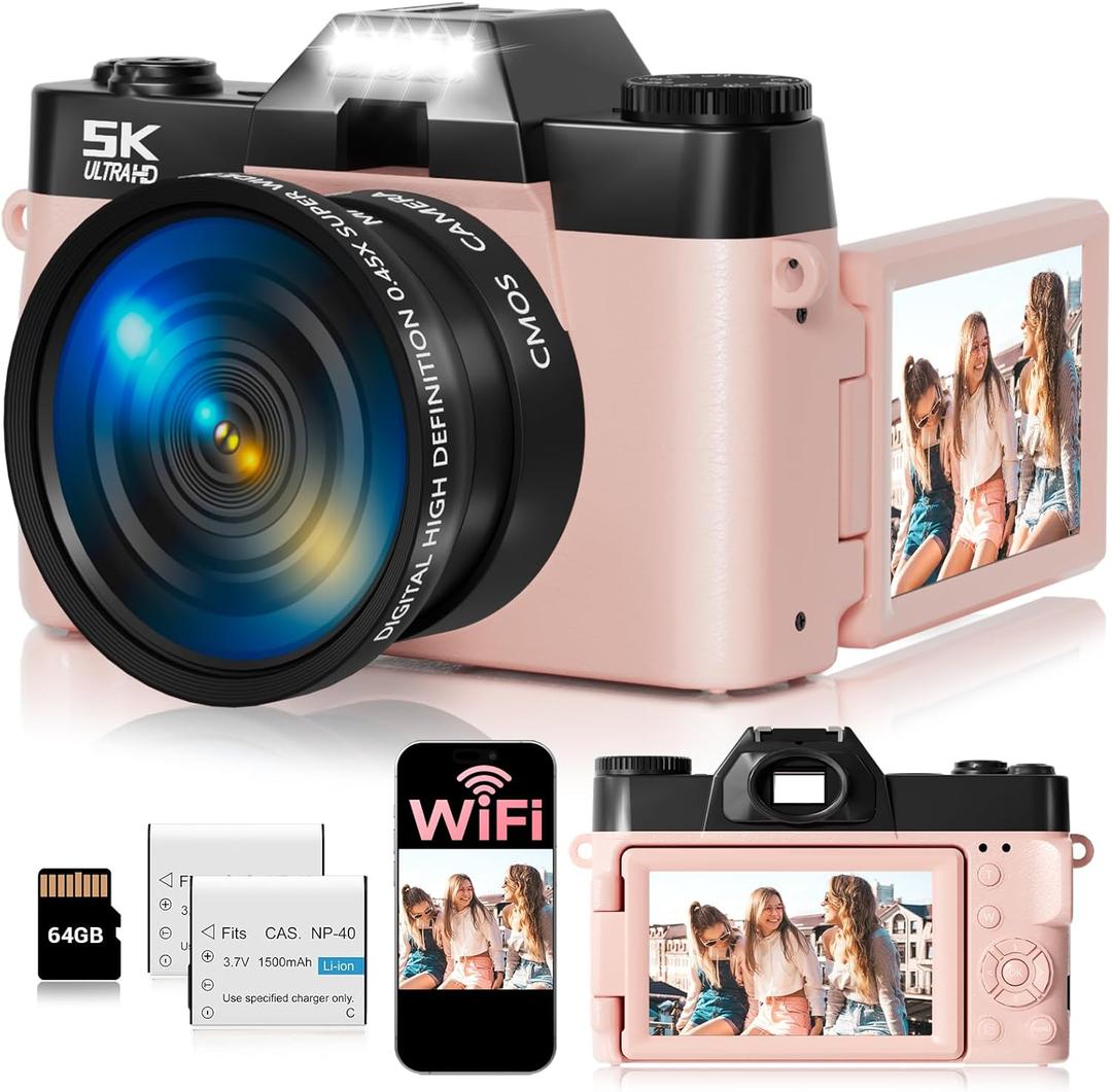 3 x 5K Digital Camera for Photography,UHD 75MP WiFi Vlogging Camera for YouTube,Compact Camera with 3" 180Flip Screen,64GB SD Card,16X Digital Zoom,2 Batteries,Perfect for Beginners and Teens,Pink