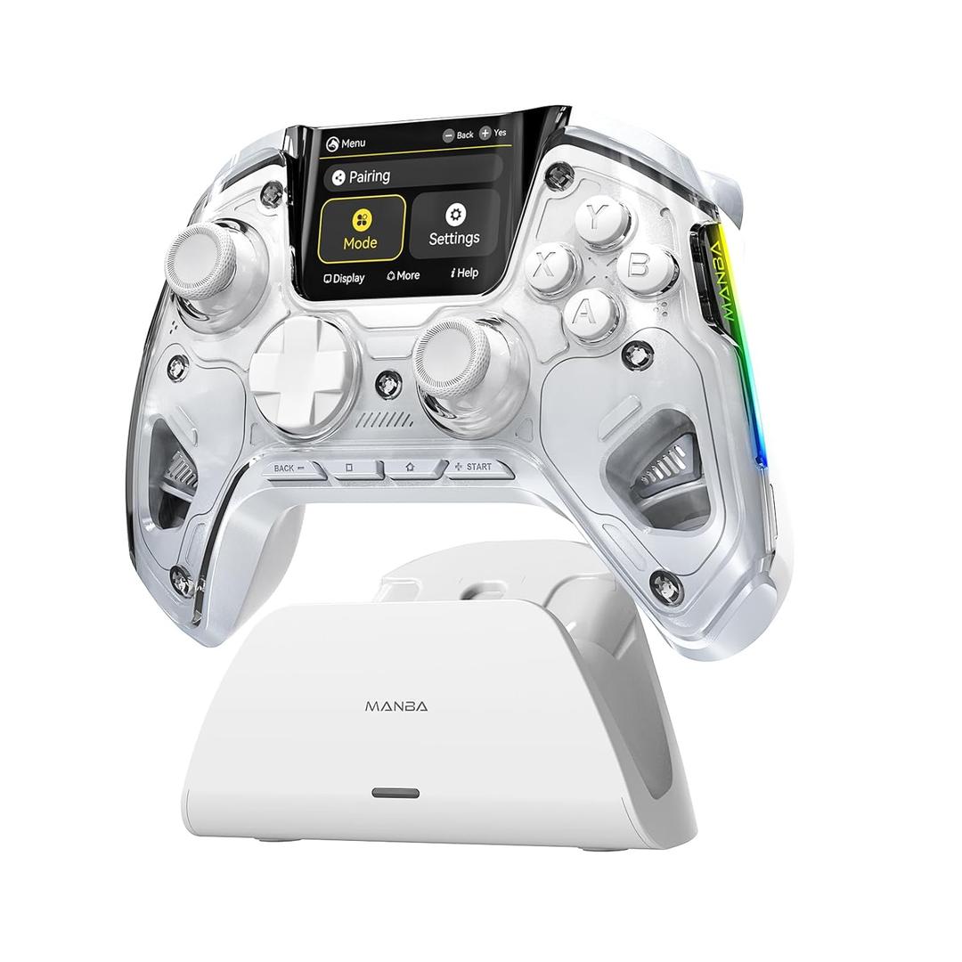 ManbaOne Interactive Screen Wireless Gaming Controller for PC/Switch/iOS/Android,Hall Effect Stick & Trigger,RGB Lighting,Remappable Buttons,1800mAh with Charging Dock (White) (White)