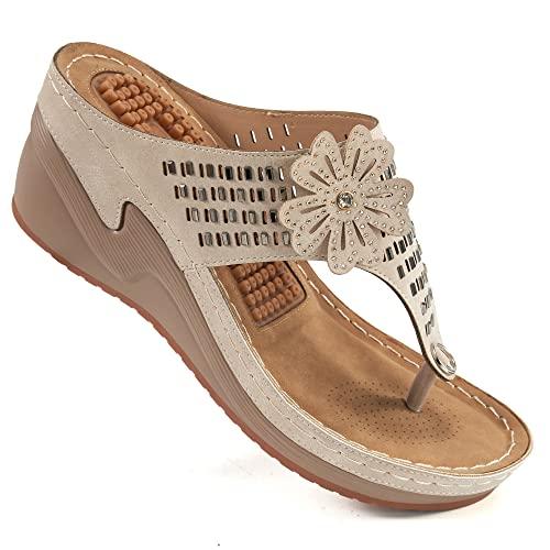 Aomigoct Wedge Sandals Women Flip Flops with High Increased Flower Platform Sandals for Women Dressy Summer Wedge Shoes Cushion FootBed Comfort Flip Flops, 40