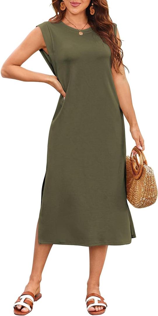 Naggoo Women Summer Sleeveless Long Sun Dress 2026 Casual Split Midi Beach Vacation Dress with Pockets (Green, L)