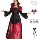Royal Vampire Costume Girls Kids Halloween Costumes Gothic Victorian Vampiress Queen Role Play Dress with Accessories Bat Wand Choker Glow in The Dark Stickers Teeth HN013M ,7-8Y