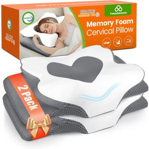 Cervical Neck Pillow for Sleeping, Memory Foam Pillow for Neck Support, Set of 2 Ergonomic Pillow for Pain Relief, Contour Bed Pillow for Side Back Stomach Sleepers, Grey Standard Size