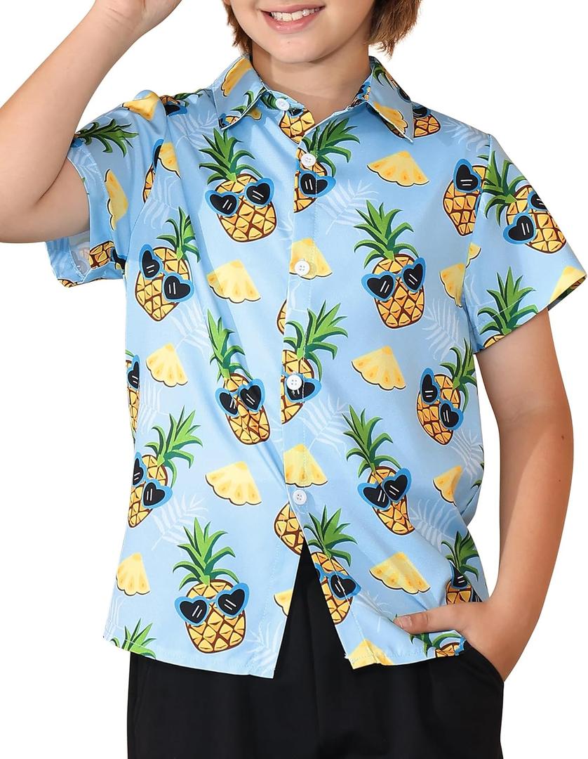Boys' Hawaiian Shirts Short Sleeve, Tropical Button-Down Shirts for Youth Kids 5-14 Years Summer Vacation Beach Swim (Blue, M)