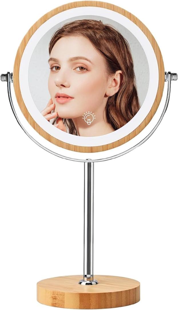Lighted Makeup Mirror, Rechargeable 8" Bamboo Vanity Mirror, 1x/10x Magnifying Vanity Mirror with 3 Colors Dimmable Lightning, 360 Rotation Double Sided Cosmetic Light up Mirror
