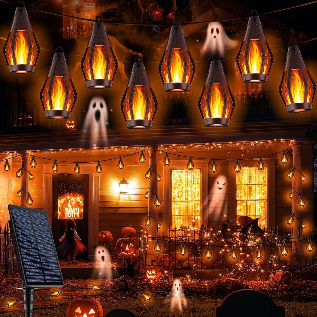 Solar Flame String Lights - 42ft 15 LED Lights Outdoor Solar String Lights for Garden Patio Halloween Decoration (Warm White, 42ft)