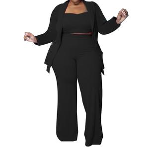 Women's Plus Size Tracksuit Winter Autumn Long-Sleeved Blazer Jacket Long Pants Suits Three Piece Sets Outfit (Black, XXL)