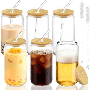 Drinking Glasses with Bamboo Lids and Straw 6pcs Set - 16oz Glass Cups, Iced Coffee Glasses, Cute iced Tea Glasses, Beer Glasses, Ideal for Coffee Bar Accessories, Aesthetic Gift - 2 Brushes