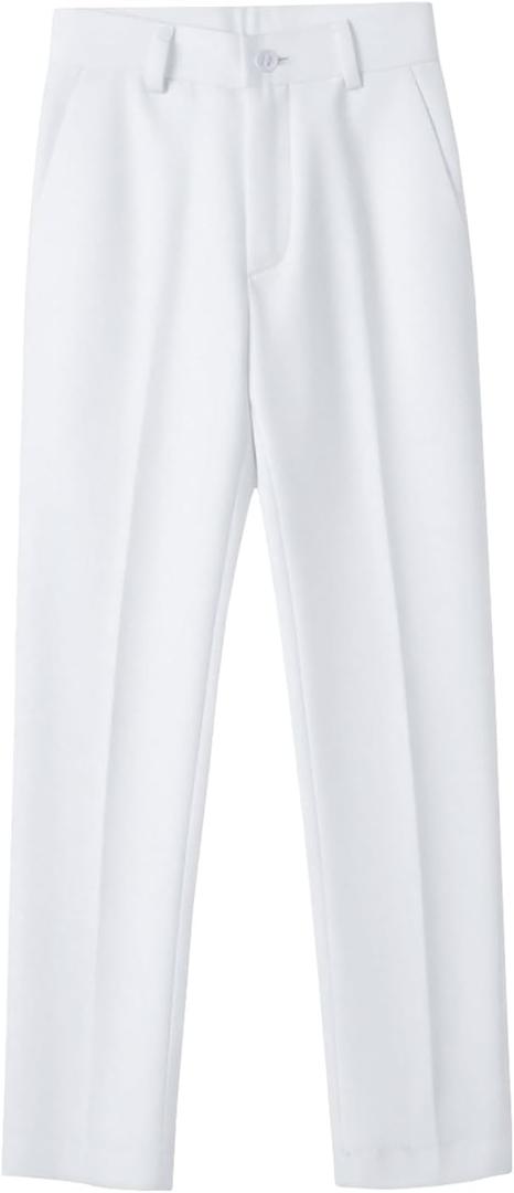 Boys Dress Pants Flat Front School Uniforms Pants Adjustable Waist Trousers (4, White)