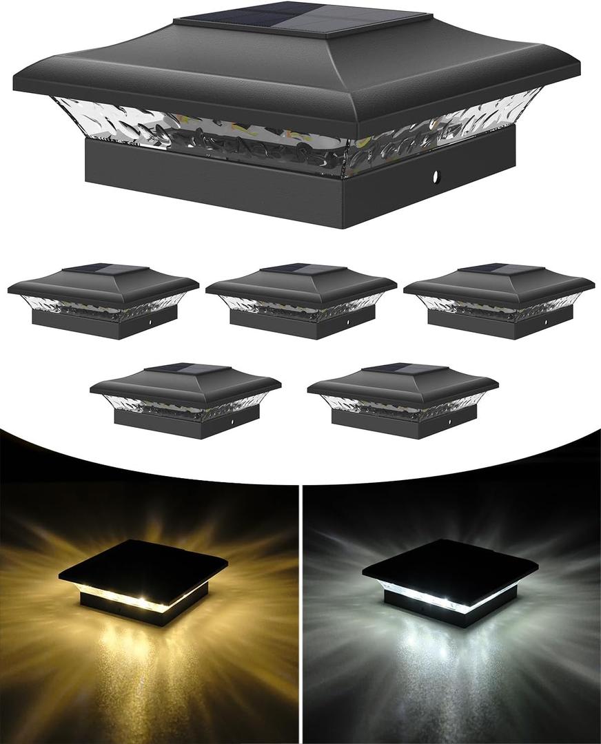 T-SUN Solar Post Cap Lights 6 Pack for 4x4 Vinyl/Wooden Posts, Waterproof Outdoor Warm & Cool White3000K/6000K Solar Powered Deck/Garden/Patio Lighting