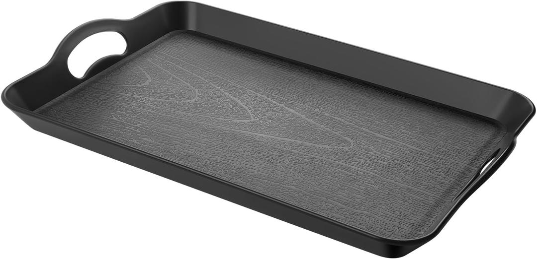 Black Serving Trays with Handles, 16 x 11 inch Rectangular Non Skid Multi-Purpose Plastic OttomanTray for Restaurant, Parties, Coffee Table, Kitchen