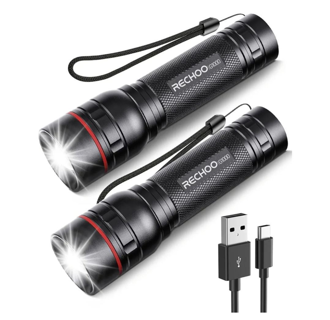 RECHOO Rechargeable Flashlights High Lumens, 2 Pack G1000 Super Bright Flash Light, Small Led Tactical Flashlight with 3 Lighting Modes, Portable Flashlights for Camping Home (Battery Included)