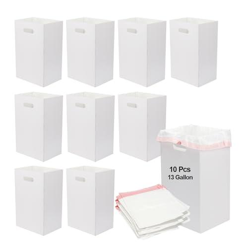 DIICCYO 10 Pcs Cardboard Portable Garbage Can with 20 Trash Bags, Disposeable Extra Large Trash Cans, 13 Gallon (21.6" H x 13.5" W x 10" D), Recycled Garbage Can and Reuseable Garbage Boxes, White