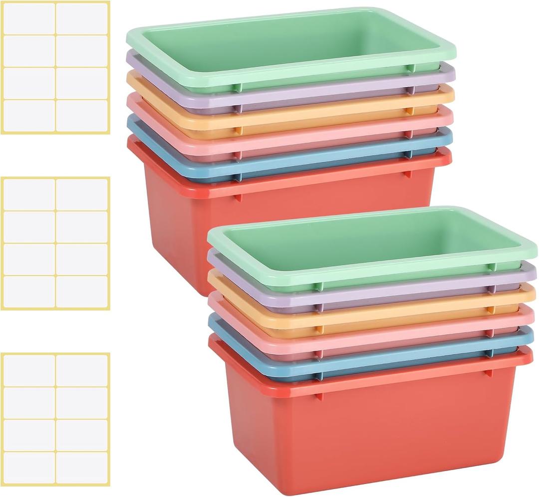 Zonon 12 Pcs Plastic Cubby Storage Bins Classroom Cubby Organization Storage Containers with 1 Pack Self Adhesive Labels Bin for Office Library School Home(Macaron Color)