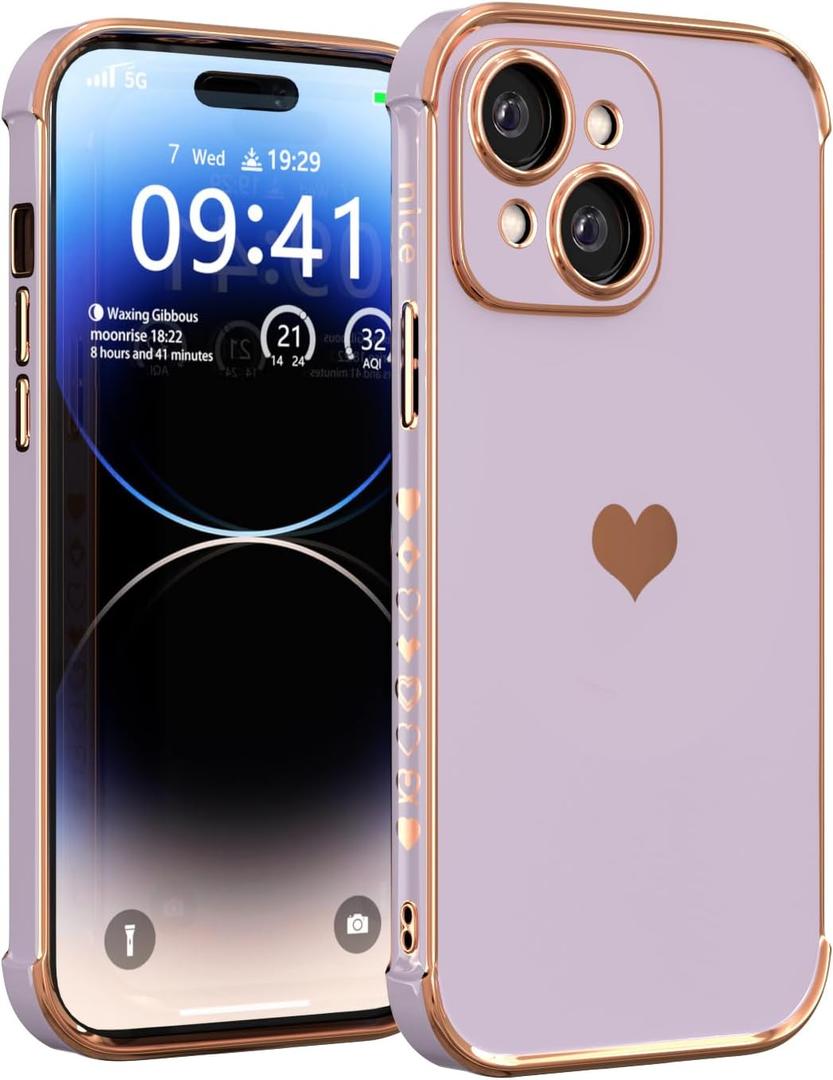 Luxury Women Case for iPhone 13 6.1in | Soft Phone Case | Upgraded Shockproof Corners | Love Heart Protective Phone Cover for iPhone 13 (Purple)