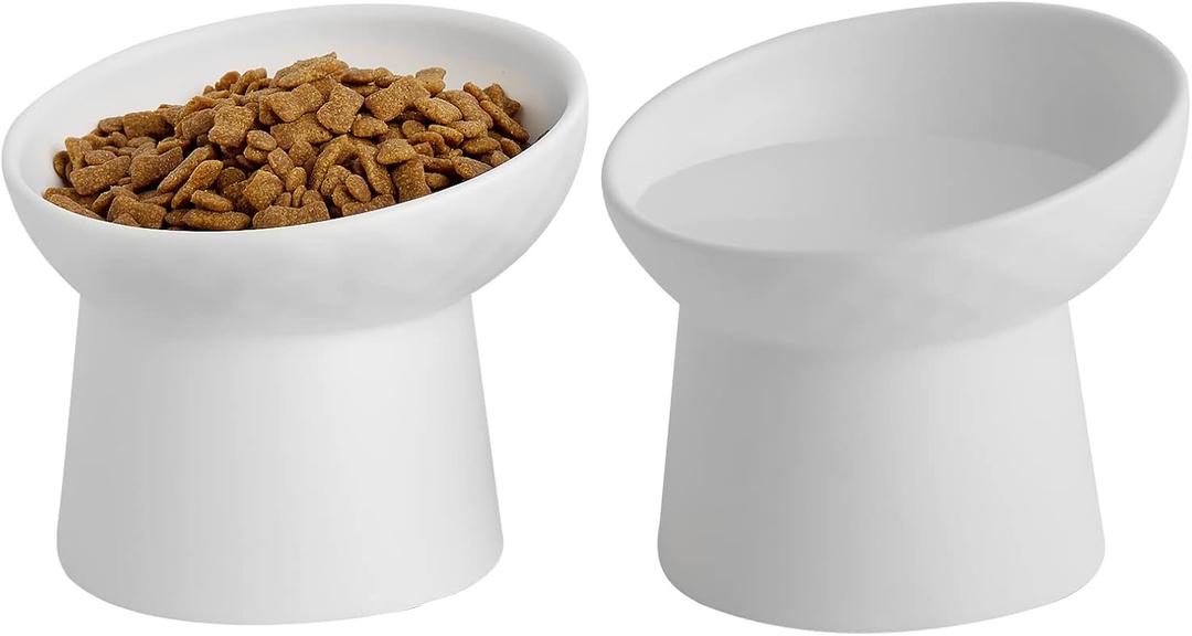 Ceramic Raised Cat Bowls, Elevated Tilted Cat Food and Water Bowls Set, Porcelain Stress Free Pet Feeder Dish for Cats and Small Dogs, Dishwasher and Microwave Safe, Set of 2(White) (White-2pc)