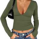 Tankaneo Women's Deep V Neck T Shirts Sexy Long Sleeve Casual Going Out Cropped Tops Slim Fitted Y2K Outfits, S