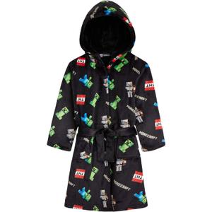 Minecraft Bath Robe for Boys, Teens Hooded Fleece Robe Cozy Loungewear Soft Nightwear Creeper Gamer Gifts for Kids (9-10 Years, Black)