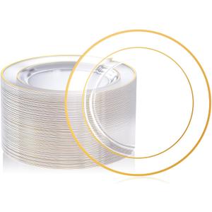 FOCUSLINE 100 Count 10 Inch Clear and Gold Plastic Plates, Disposable Heavy Duty Clear Plates with Gold Rim, Premium Hard Plastic Plate Fancy Disposable Dinner Plate for Wedding Parties (10 Inch Clear Gold Rim Plates)