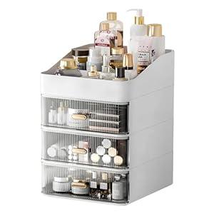 DASITON 6 Slots Makeup Brush Holder, Makeup Organizer, Makeup Brush Holder with 3 Drawers, Divided Makeup and Makeup Storage Holder, for Cosmetics(White-F2)