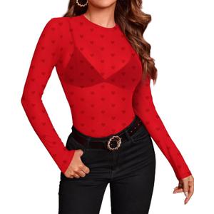 OFEEFAN Womens Mesh Tops Lace Long Sleeve Shirts Crewneck Slim Fitted Outfits See Through Blouses (X-Large, Red Heart)