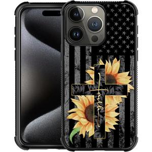 Case for iPhone 16 Pro W USA Flag Faith Sunflower Pattern Design Case for Women Girls Men Soft TPU Bumper Hard PC Back Anti-Fall Shockproof Protective Slim Cover