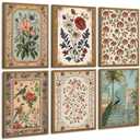 Indian Wall Art Vintage Floral Canvas Poster India Wall Decor Folk Flower Prints Scandinavian Pictures Antique Botanical Painting Gallery Artwork for Bedroom Living Room 8x10x6 Inch Wood Framed