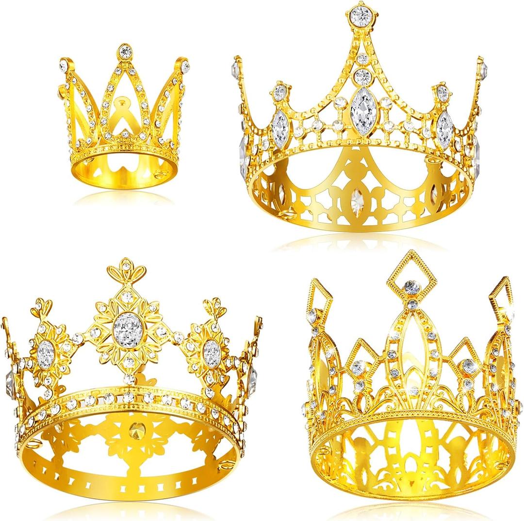 Jetec 4 Pcs Crown Cake Topper Small Crown for Flower Bouquets Birthday Tiara Cake Decorations Princess Rhinestone Pearl Tiara for Wedding Bridal Shower Party Decor(Gold,Fresh Style)
