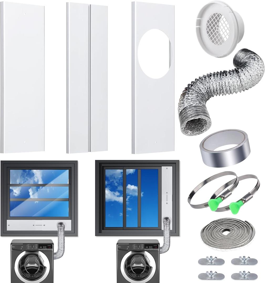 Window Dryer Vent Kit with 4 Inch 10 feet Dryer Vent Hose, Universal Dryer Vent Window Kit Adjustable Window Seal Panels with Coupler & Filter for Horizontal & Vertical Sliding Windows
