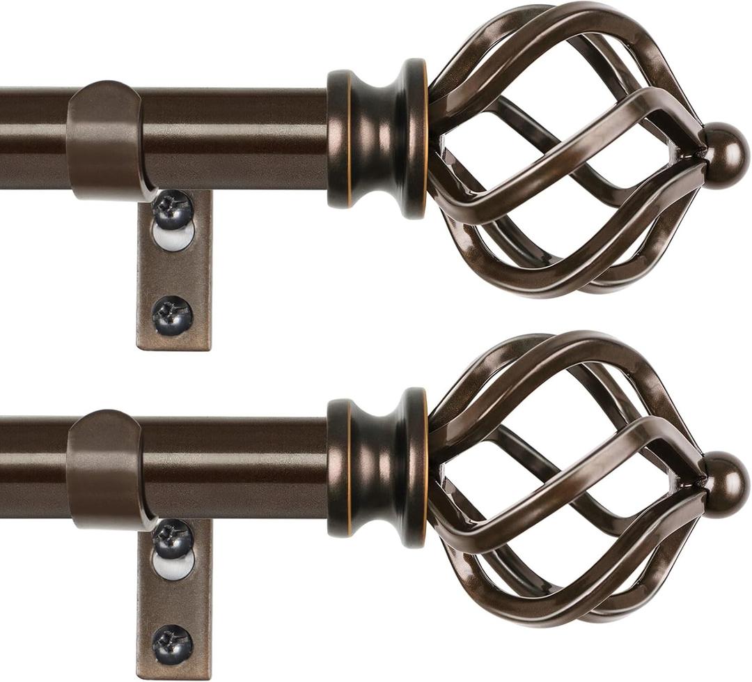 KAMANINA 2 Pack Curtain Rods 32 to 58 Inches (2.6-4.8ft), 3/4 Inch Curtain Rods for Windows Splicing Adjustable Single Drapery Rod with Twisted Cage Finial, for Indoor and Outdoor, Antique Bronze