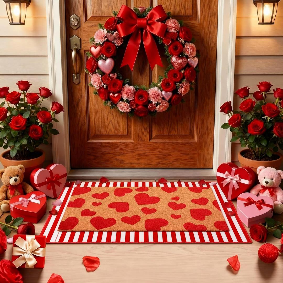 Duraaamo 2 Pcs Valentine Door Mat Heart Outdoor Welcome Mats for Front Door Love Non Slip Coir Floor Doormat Red Stripe Rug for Outside Front Porch Entryway Decor(Red Heart)