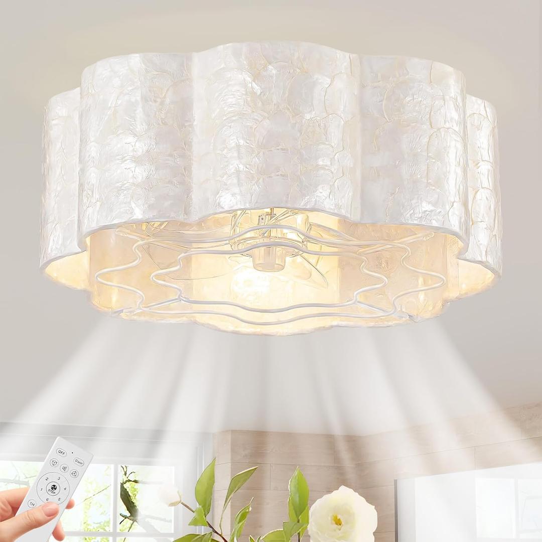 Boho Coastal Ceiling Fan with Lights and Remote, Caged Shell Shade, Medium