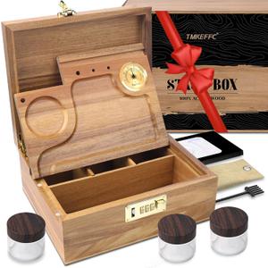 Lockable Acacia Wood Stash Box with Rolling Tray & Hygrometer  Smell Proof Storage with 3 Glass Jars & Combination Lock, Ideal Gift for Him/Dad/Husband