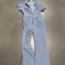 Qazel Vorrlon Denim Jumpsuit for Women Flare Wide Leg Blue Jean Jumper Short Sleeve Button Stretch Long Romper Pant 14