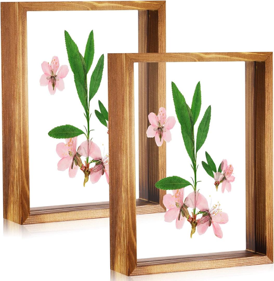 Yalikop 2 Pcs 5 x 7 Floating Picture Frames Wooden Pressed Flower Frame Double Acrylic Rustic Artwork Wall and Tabletop Display Photo, Gift for Family Friends Wedding DIY Gifts