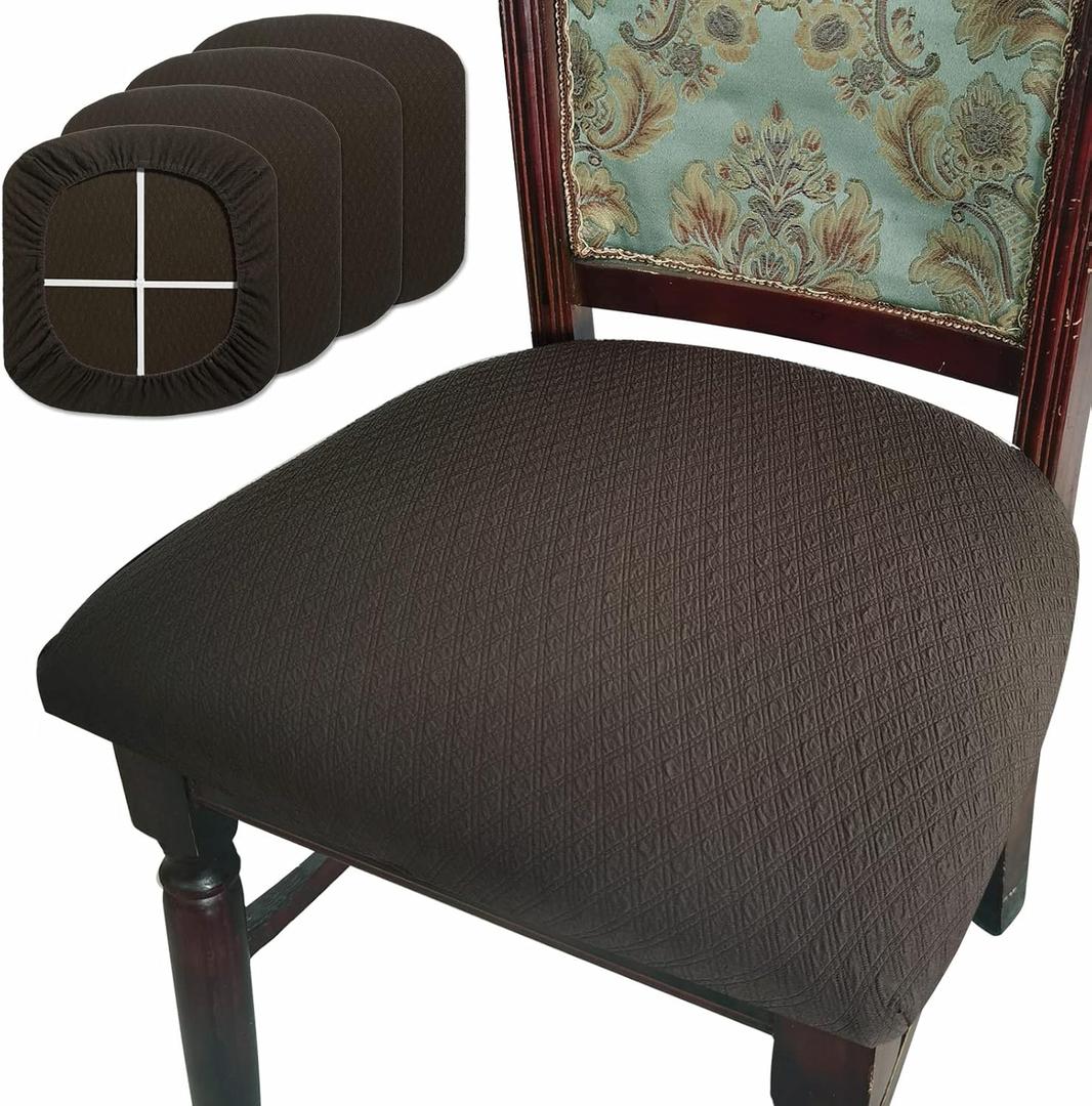 BUYUE Dining Room Chair Seat Covers Set of 4, TPU not Mixed, Friendly Jacquard Fabric Stretch Washable Slipcover for Kitchen Seat Cushions, Brown-4PCS