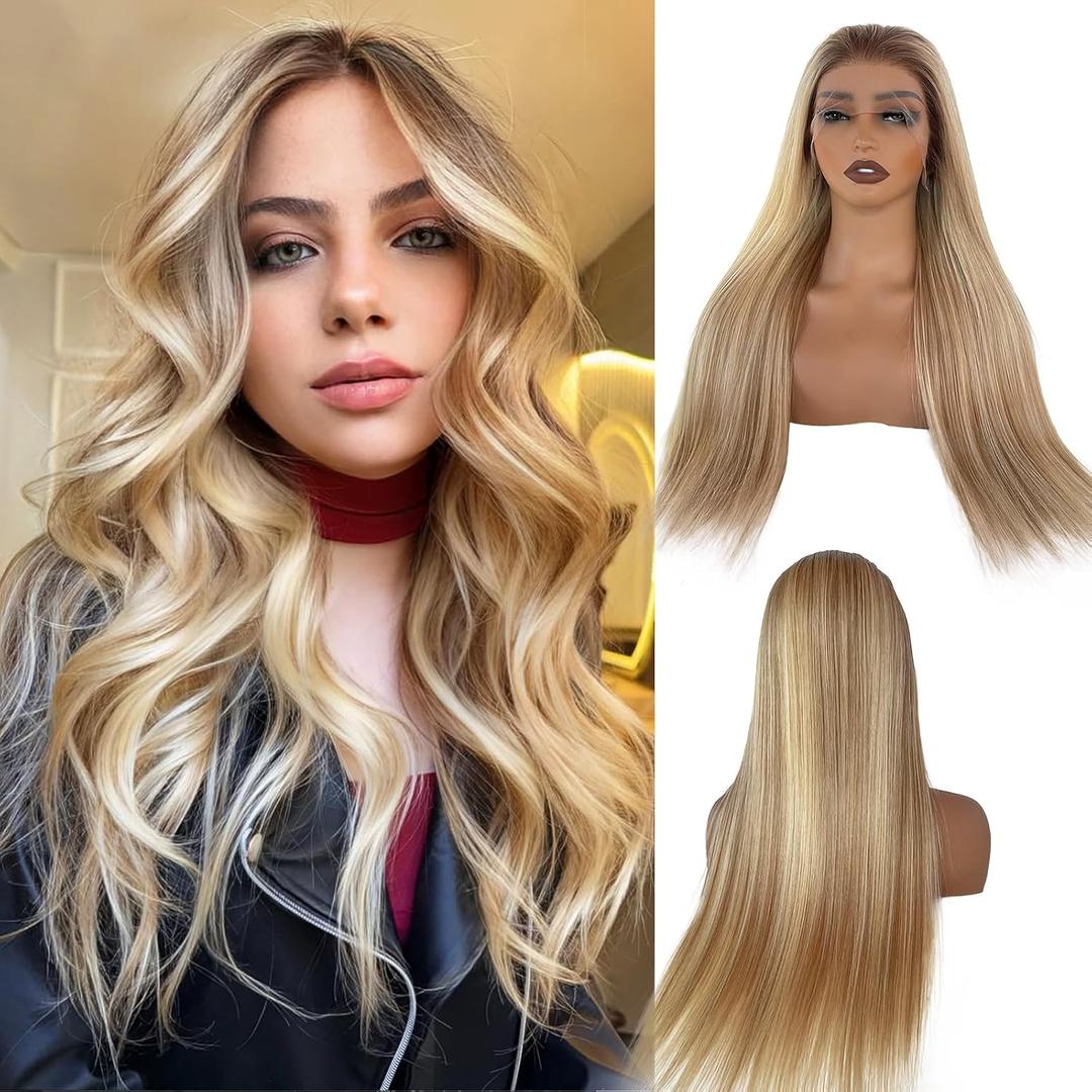 28 Inch Highlight Blonde Lace Front Wigs Human Hair 13x6 HD Transparent Glueless Wigs Human Hair for White Women Ombre Brown with Bleach Blonde Straight Lace Frontal Wig Pre Plucked 180% Density