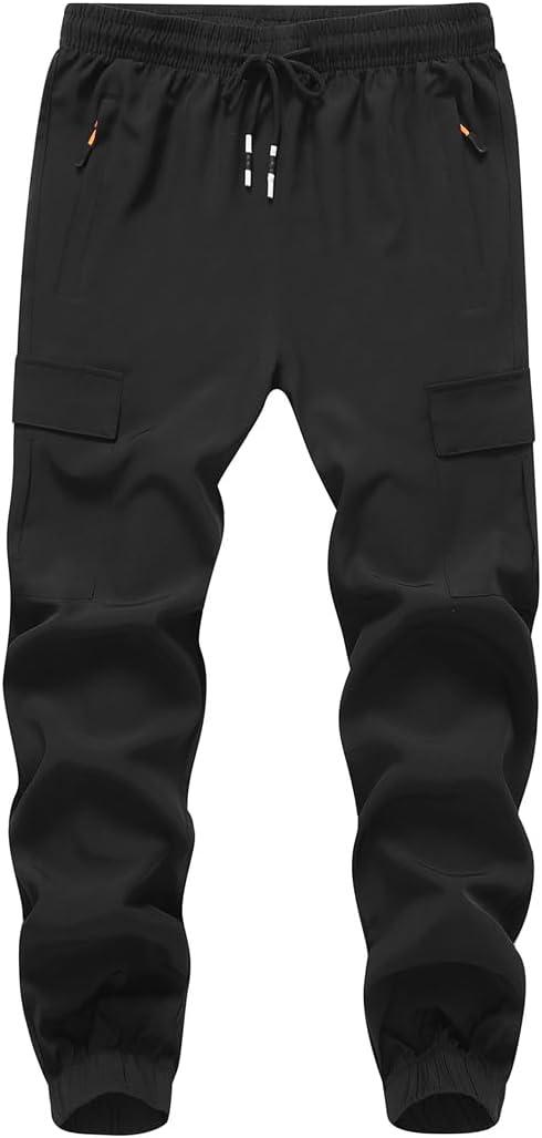 Boys Girls Joggers Cargo Pants with Zipper Pockets Elastic Waist School Casual Trousers (Black)