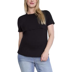 Motherhood Maternity Women's Short Sleeve Crew Neck Nursing Tee Shirt for Breastfeeding with Easy Access (Small, Black)